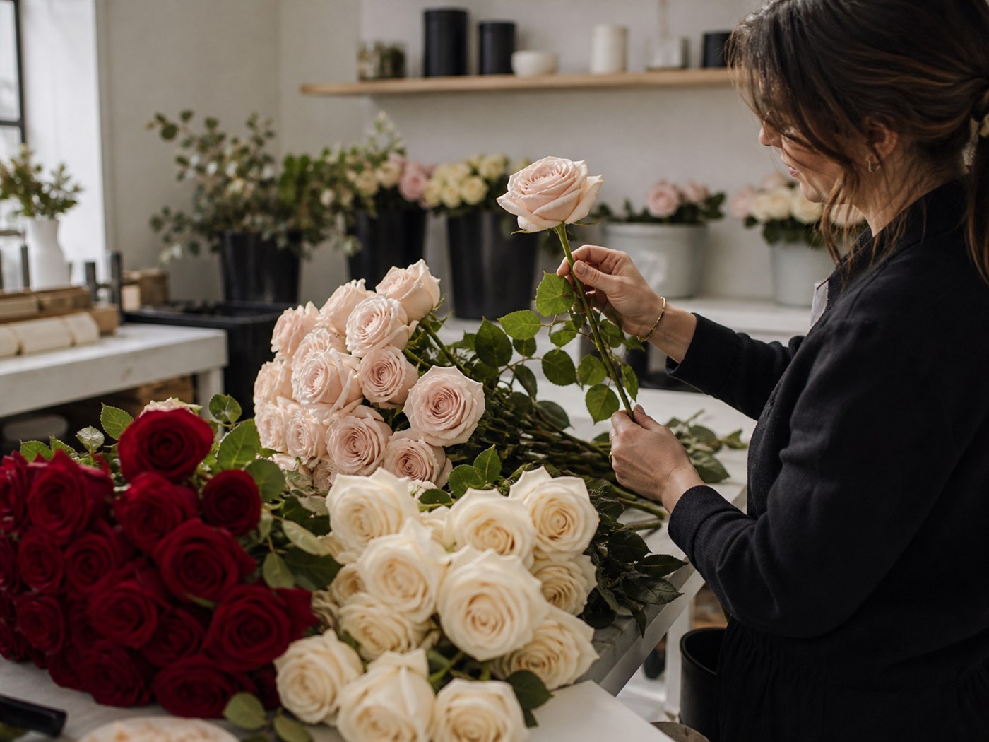 Floral designer selecting premium Ecuadorian roses for an event