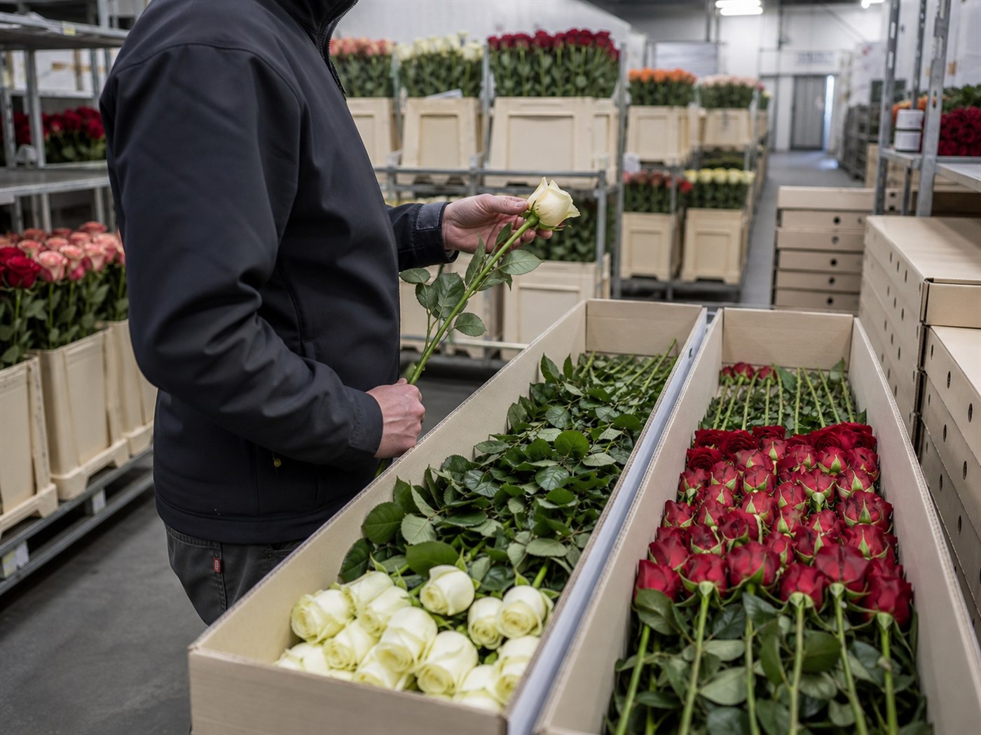 Wholesale buyer inspecting a shipment of premium Ecuadorian roses