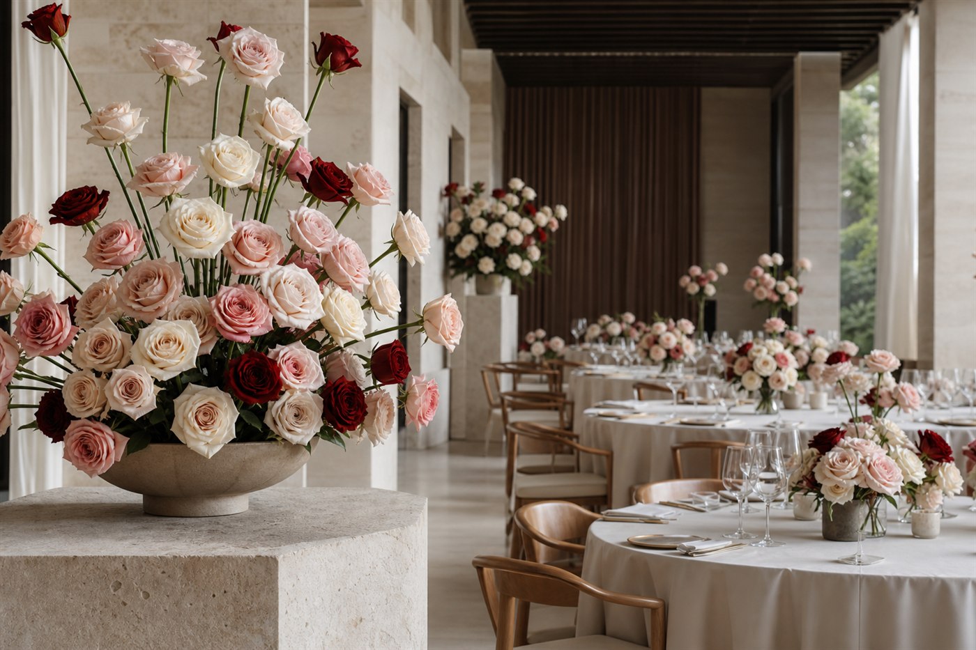 Contemporary event installation built with premium Ecuadorian roses