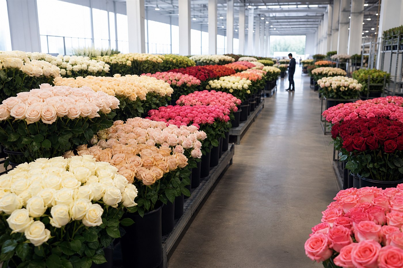 Wholesale showroom stocked with organized premium Ecuadorian roses