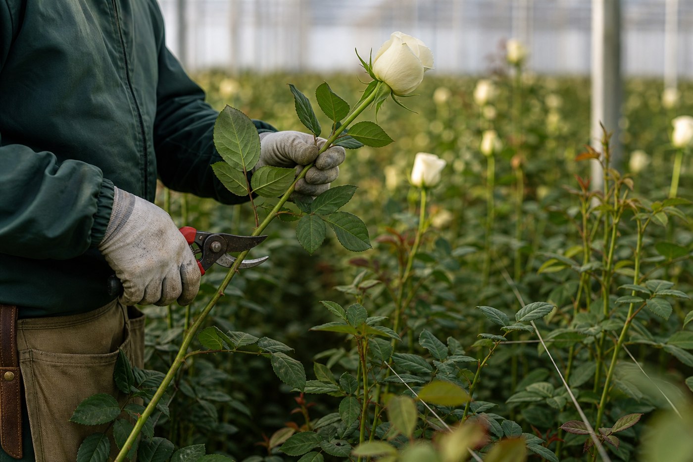 A premium Ecuadorian rose being cut to order at harvest