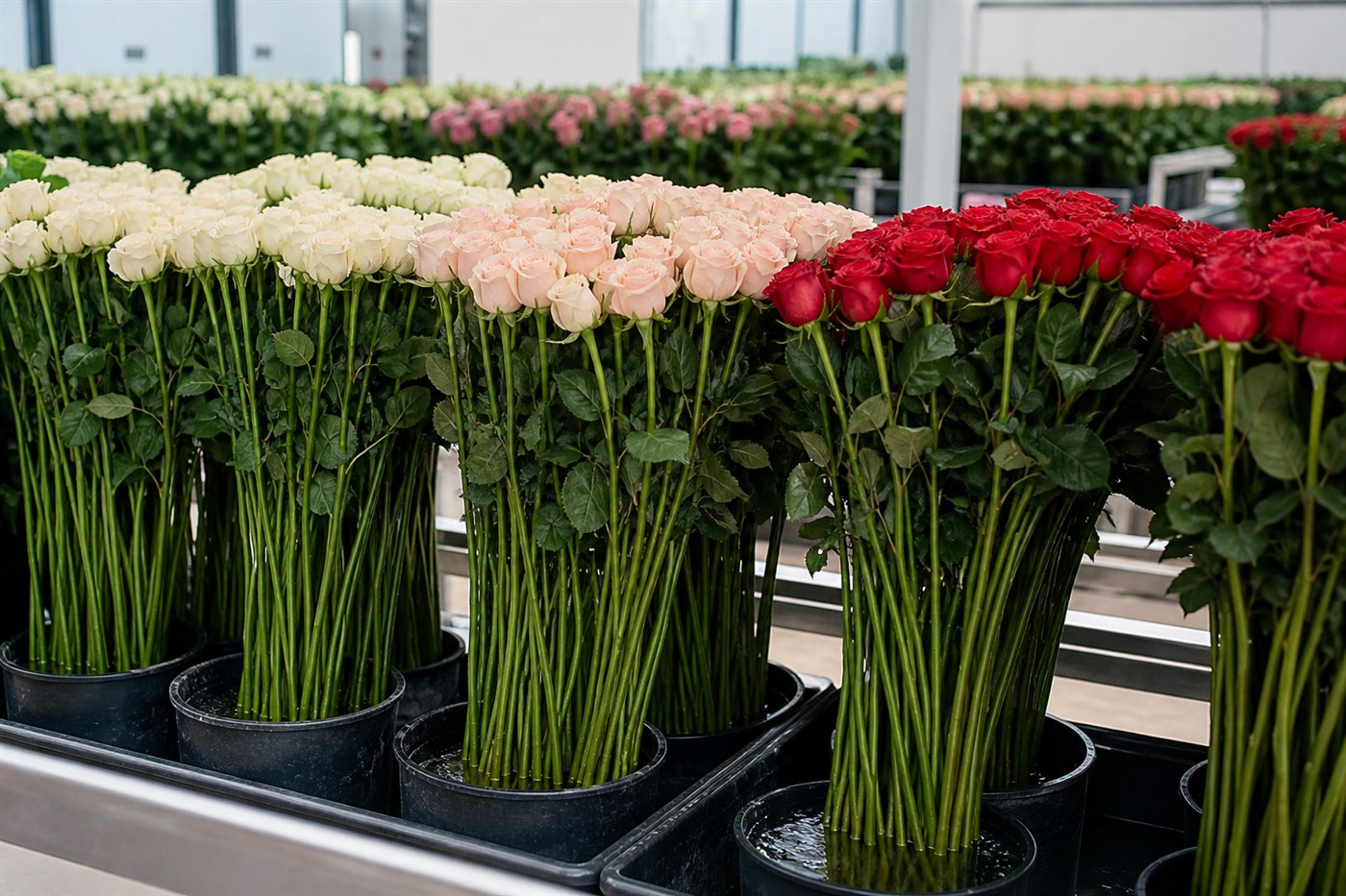 Fresh Ecuadorian roses hydrating after harvest